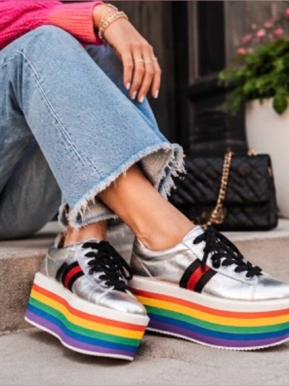 Cape Robbin Momo-1 Rainbow Platform Sneakers Silver Metallic Size 7 Y2K